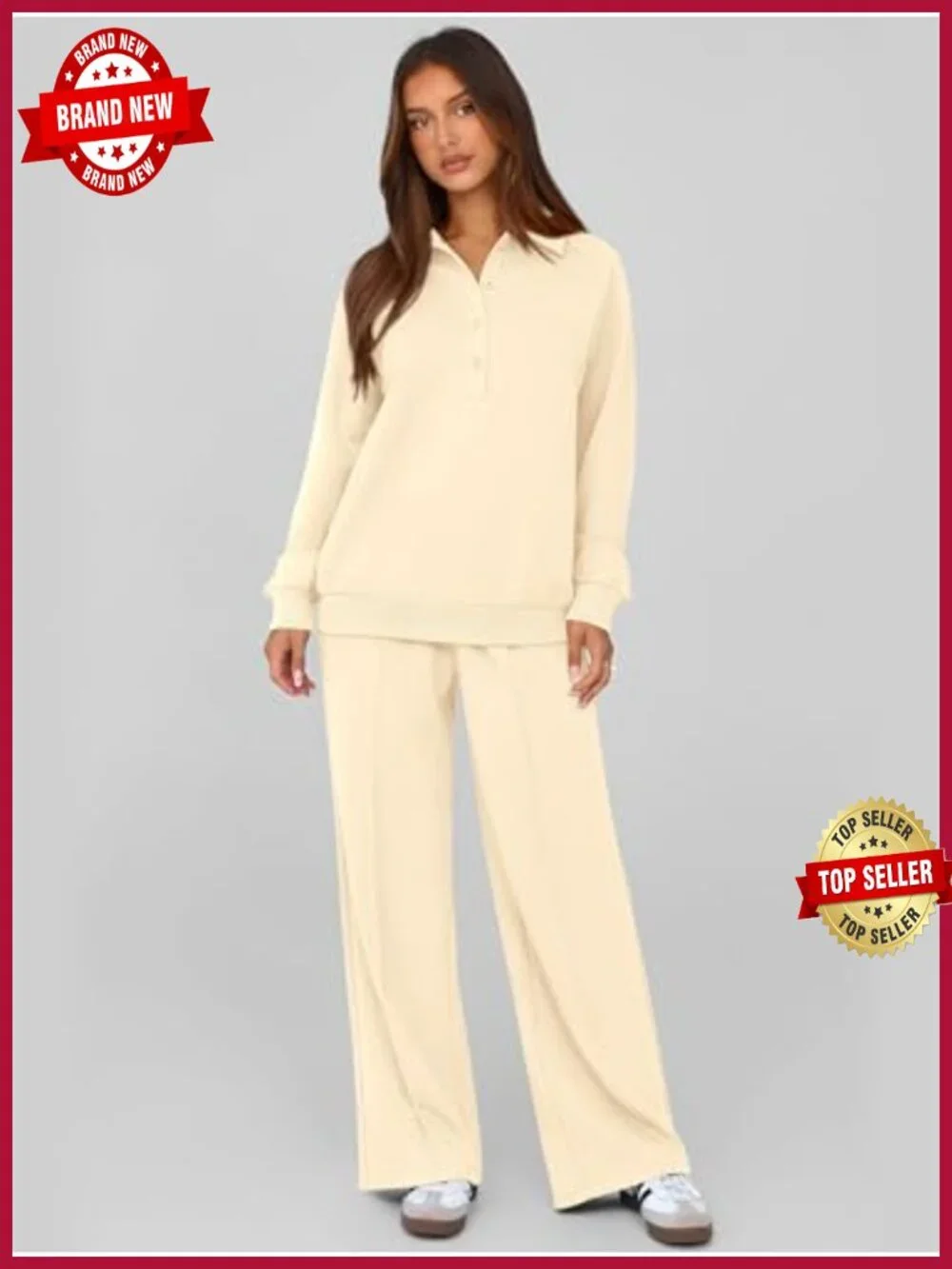 Women's 2 Piece Sweatsuit Set Quarter Button Long Sleeve Sweatshirt Wide Leg